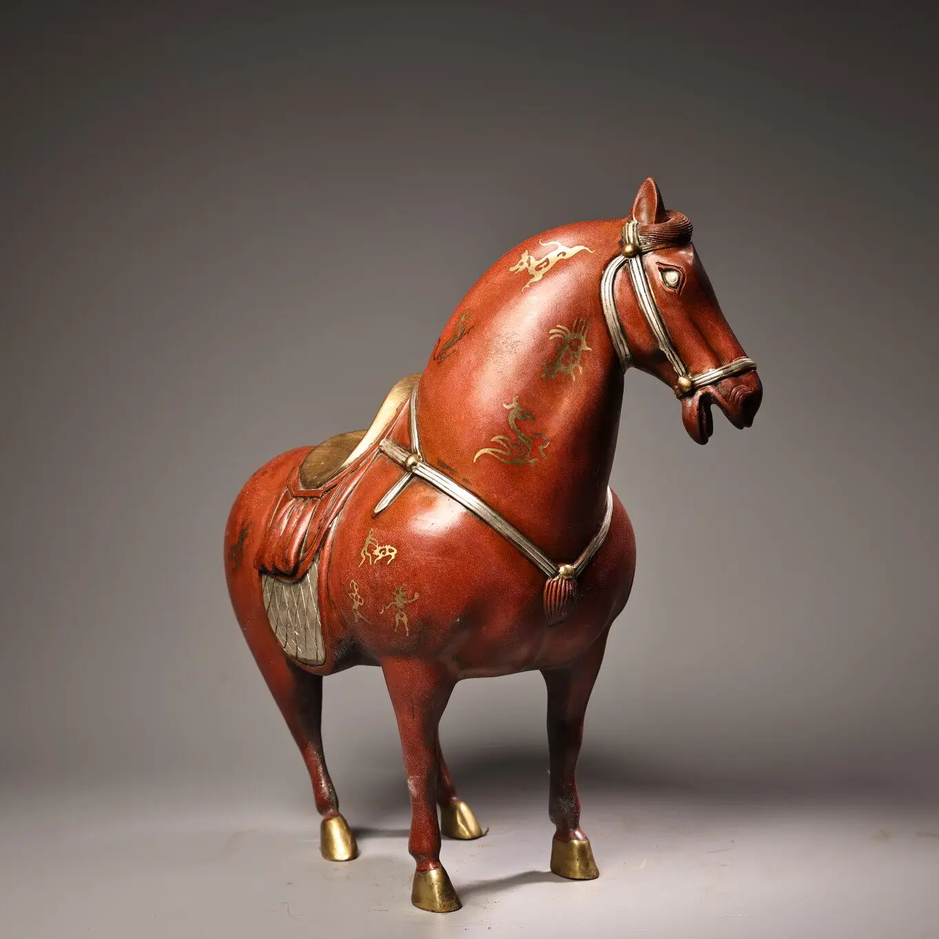 Antique Bronze Tang Horse Figurine Gilded Silver Plated High Relief Chiseled Heavy Patina Home Decor Collectible