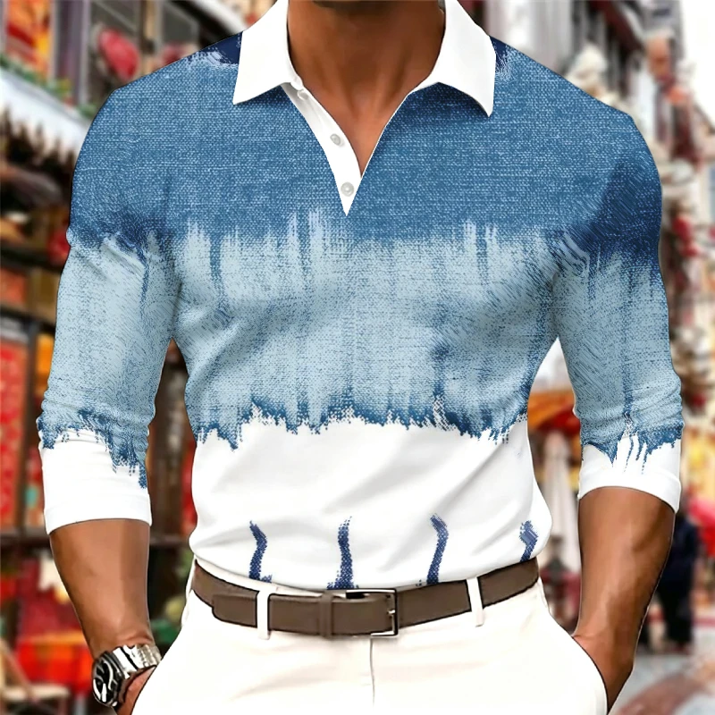 Men's Gradient City Silhouette Print Polo Shirts Casual Long Sleeve Lapel Collar Button Placket Blouse Daily Golf Sports Tops