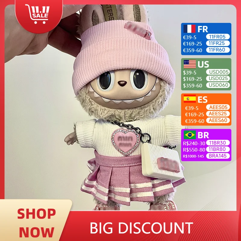 Cute Labubu Clothes V1 V2 Knitted Sweater Labubu Pendant Cute Style Pleated Skirt Set Handmade Custom Luxury Dress Doll Shoes