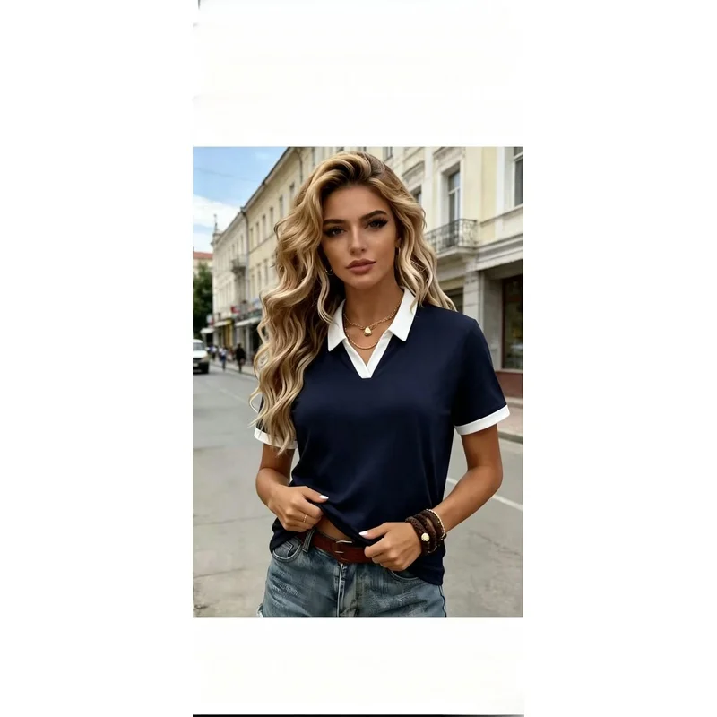 Women's Floral Print Contrast Collar Short Sleeve Polo Shirt, V Neck Casual Tee Top