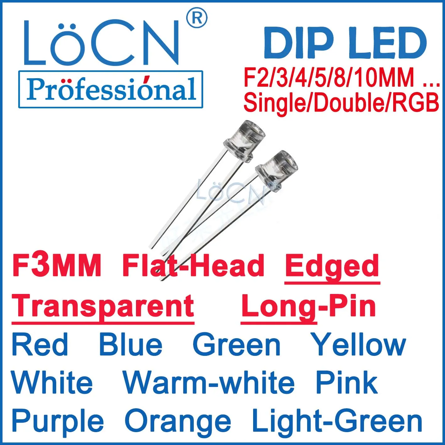LoCN 1000pcs LED Diodes 3MM F3 Flat Head Top Edged Red Blue Yellow Green Warm White Pink Purple Orange Long Pins Transparent