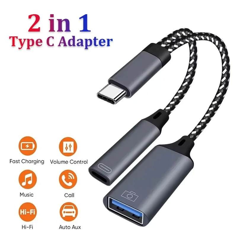 USB C OTG Cable Adapter 2 In 1 Type C to USB A Adapter With PD Fast Charging Port Splitter For Huawei Xiaomi Phone Laptop Tablet