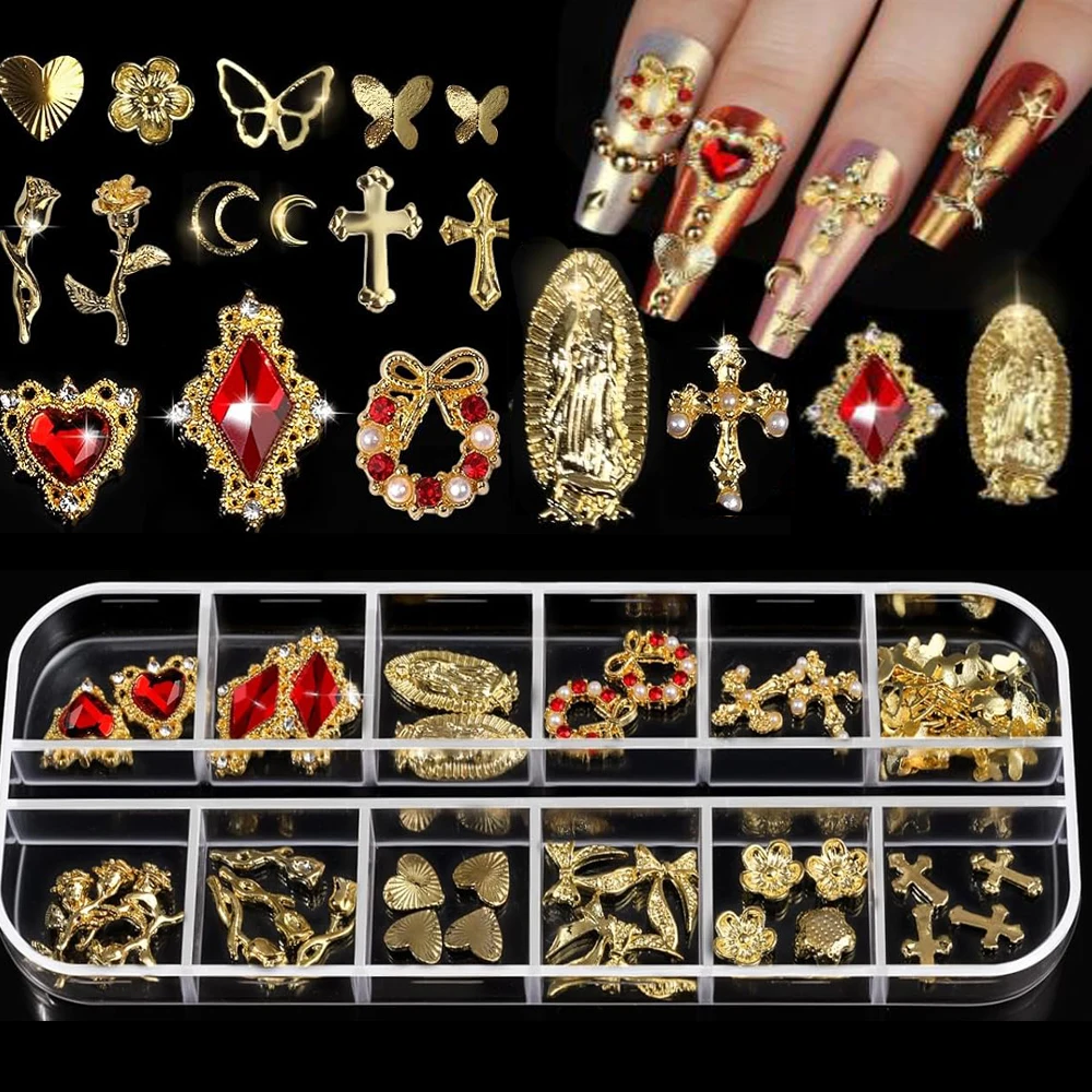 12Grid Metalllegierung Herz Kreuz Rose Nagelzubehör 3D Gold Rot Schleife Blumenkranz Nail Art Charms Y2k Luxus Nageldekoration