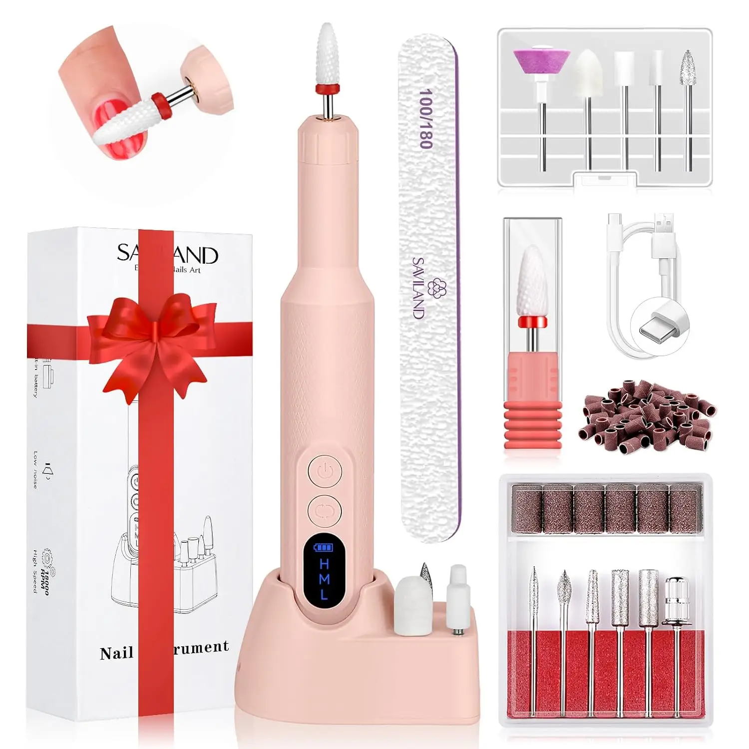 

Профессиональная электрическая дрель для маникюра: беспроводная фрезерная машинка для ногтей 20000 об/мин, розовая, портативная, с подставкой для шлифовки ногтей.