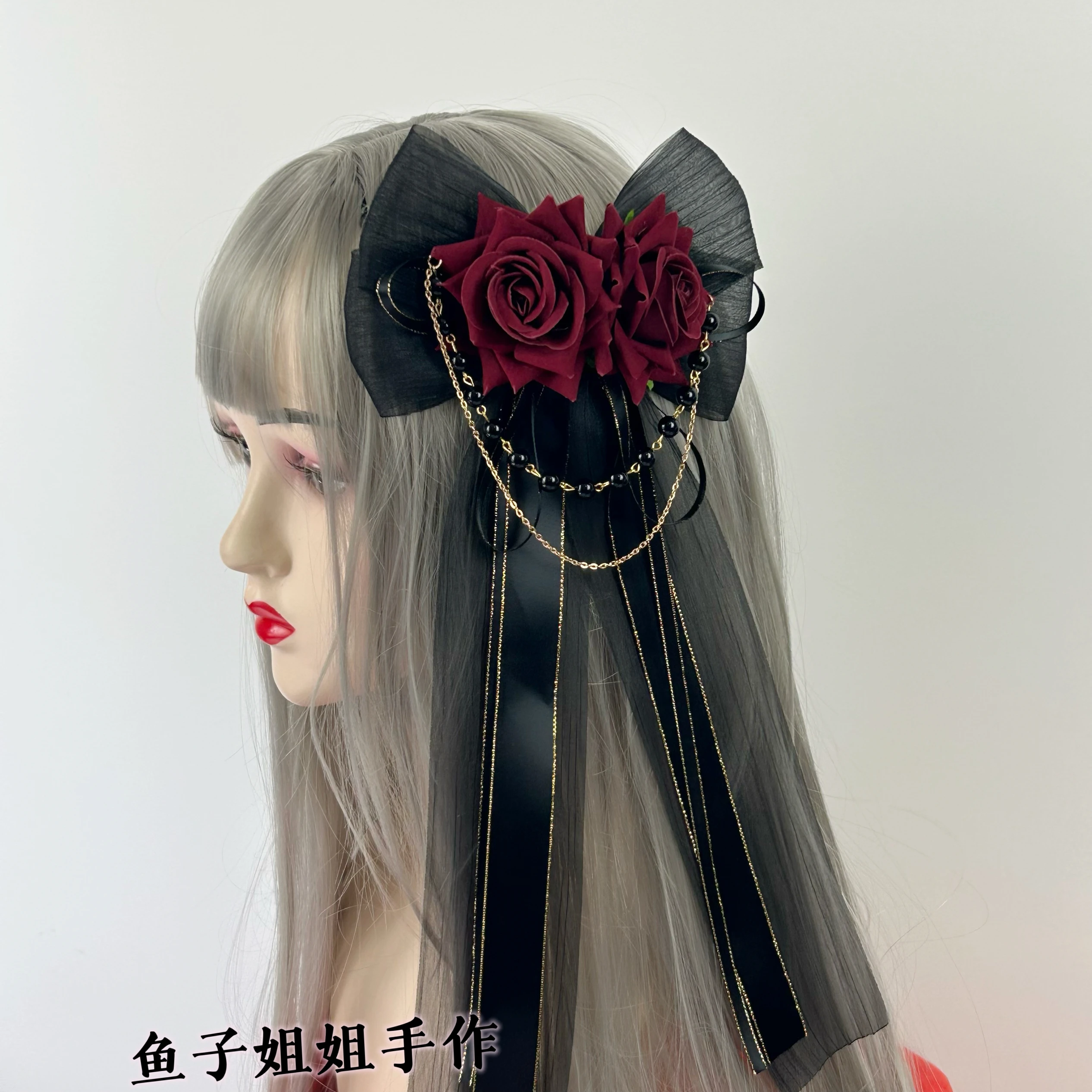 

Multi-colored Lolita Gothic Headgear Dark Rose Hair Clip Chain Fringed Hairpin Lolita Burgundy Hair Accessories
