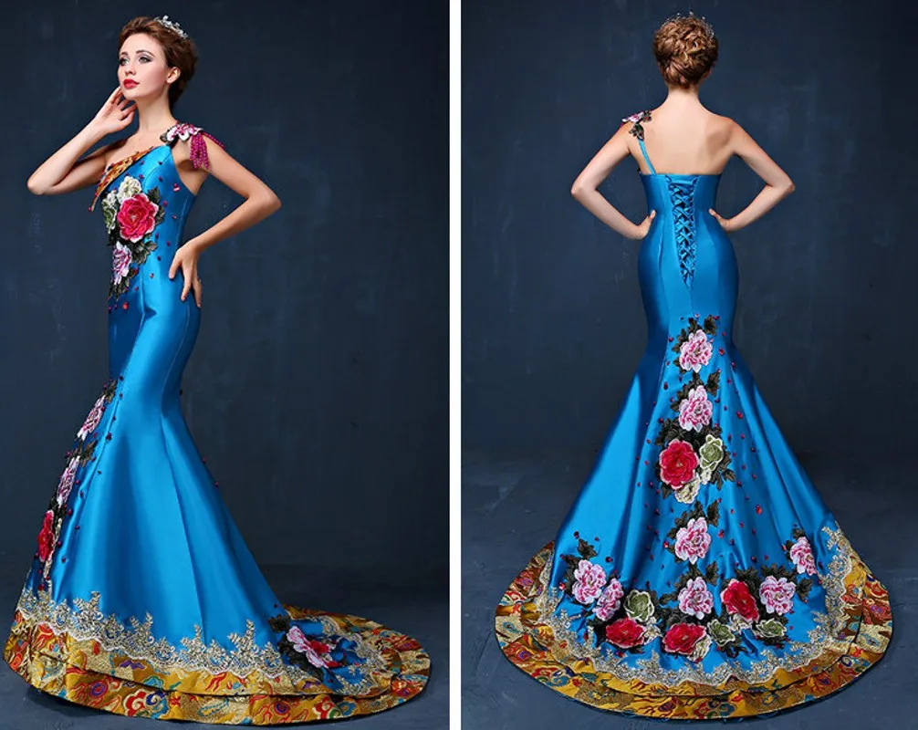 สีแดง/Royal Blue ยาว Mermaid Evening Dresses 2025 Strapless ดอกไม้เย็บปักถักร้อยลูกไม้ซาอุดีอาระเบียพรหมคนดังชุด