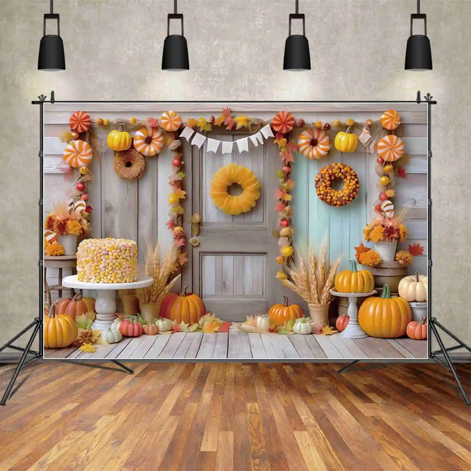 MOON.QG 2025 Autumn Thanksgiving Party Photography Studio Backdrop Pumpkin Wreath Door Candy Background Harvest Decor Back Drop