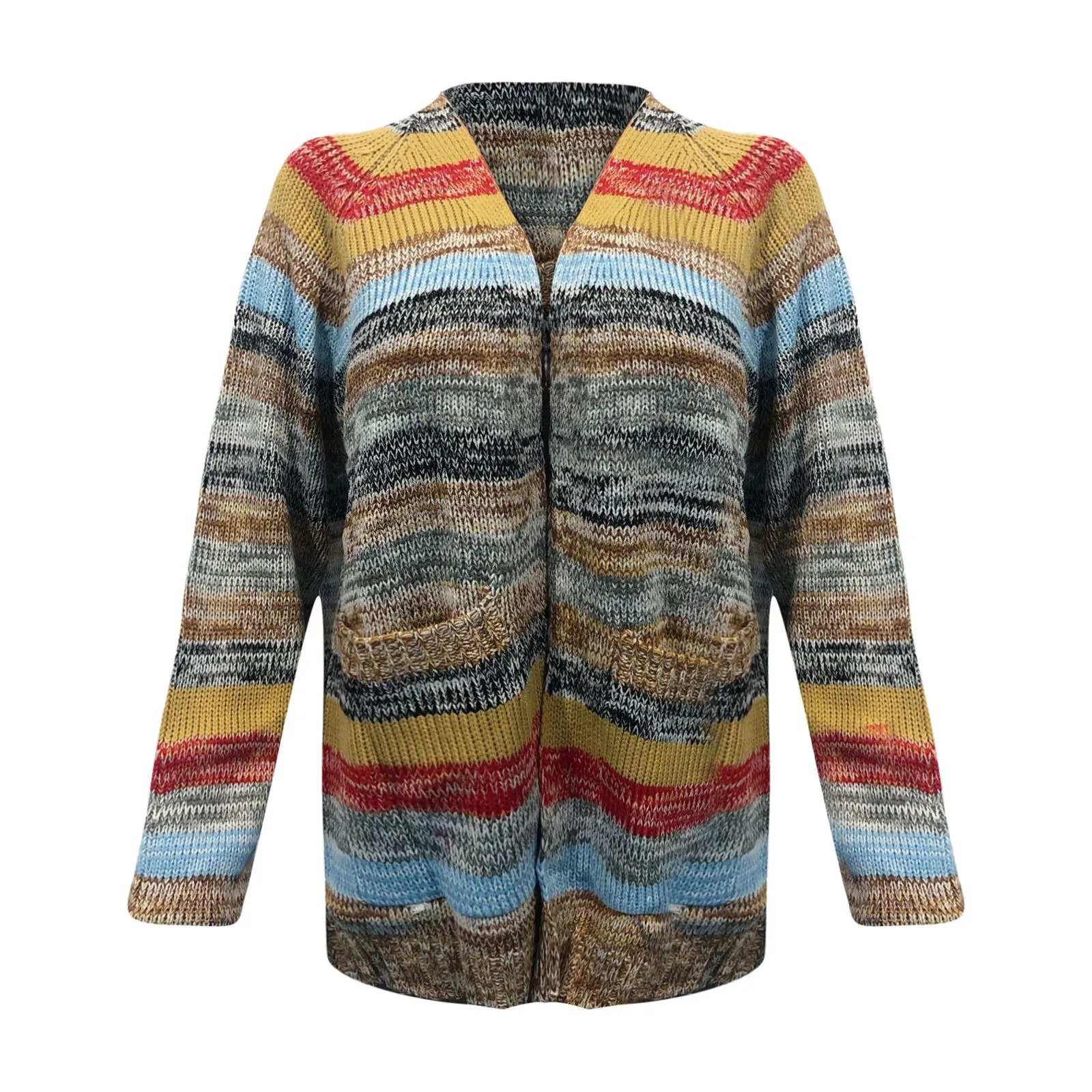 Women Elegant Multicolor Print Knitted Cardigans Sweater 2023 Autumn Winter Long Sleeve Coat Tops Ladies Casual Pocket Sweaters