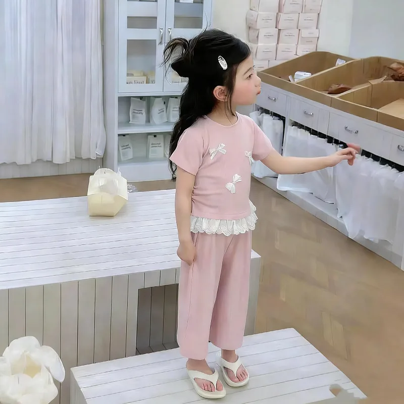 Somenie Sommer-Kurzset für Kleinkinder und Mädchen, modisches Spitzenoberteil mit Schleife + kurze Hose, 2-teiliges Outfit für Ausflüge