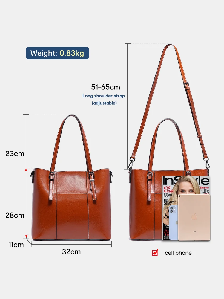 Zency Women Big Totes Bag Genuine Leather Large Capacity Shoulder Bag For Laptop Retro Brown Handbag for Shopper Travel