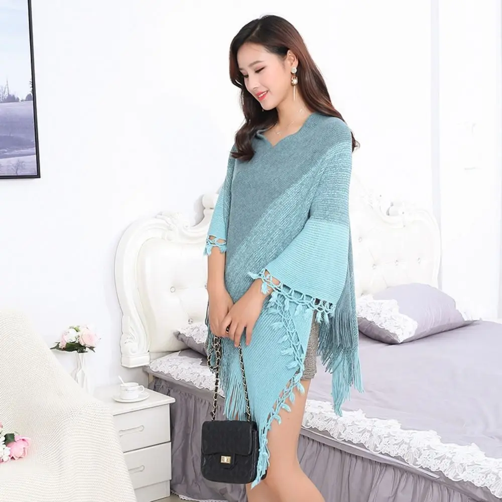 Coat Overlays Winter Warm Mongolian Poncho Striped Ethnic Style Pullover Tassel Shawl Polyester Knitted Cape Women Fashion