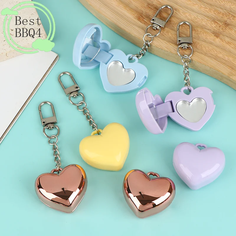 (BBQ4) 1Pc Heart Shape Mini Empty Blush Powder Box Eye Shadow Container With Mirror Aluminum Pan Key Chain Lipstick Case Packag