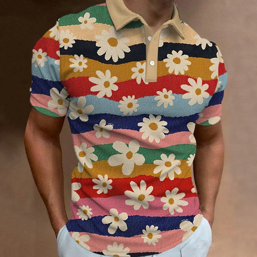 Men's Polo Shirt Summer Street Casual Short Sleeve Flower Print Buttons Tops Fashion Pullover Oversized Clothing Male Golf Wear