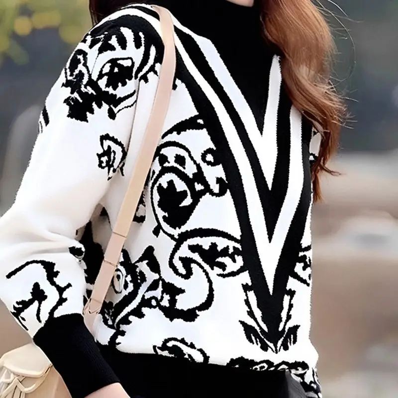 Outono inverno pullovers feminino suéteres meia gola alta moda impressão manga comprida grosso topos suéteres