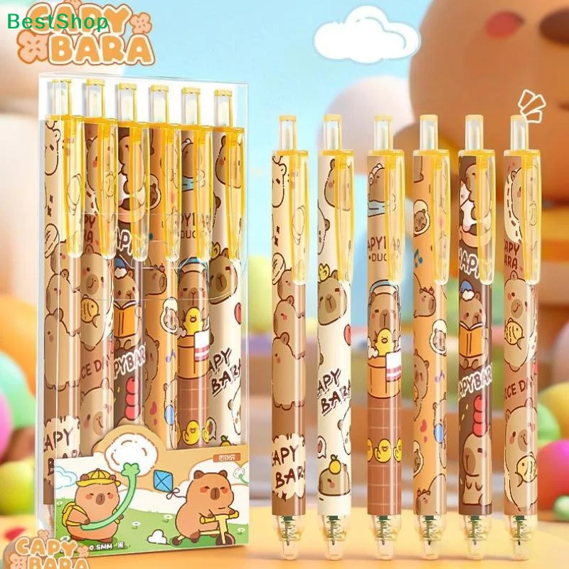 

6PCS Capybara Themed Gel Pens, Kawaii Cartoon Press-Type Pens for Journaling, School Supplies & Gifts