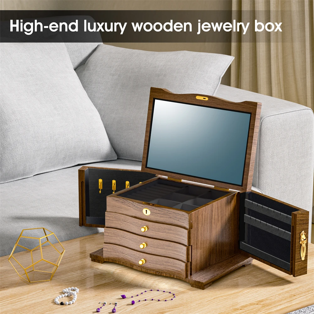 Wooden Jewelry Box Classical Wooden with Two Side Doors 4-Layer with Mirror Drawers Watch Necklace Ring Earring Storage Box