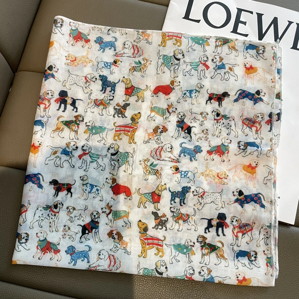 1pcs Cartoon Dog Print Silk Scarf Female Small Square Scarf Cartoon Fashion Versatile Decorative Neck Protecting Bandana Hijab view 3
