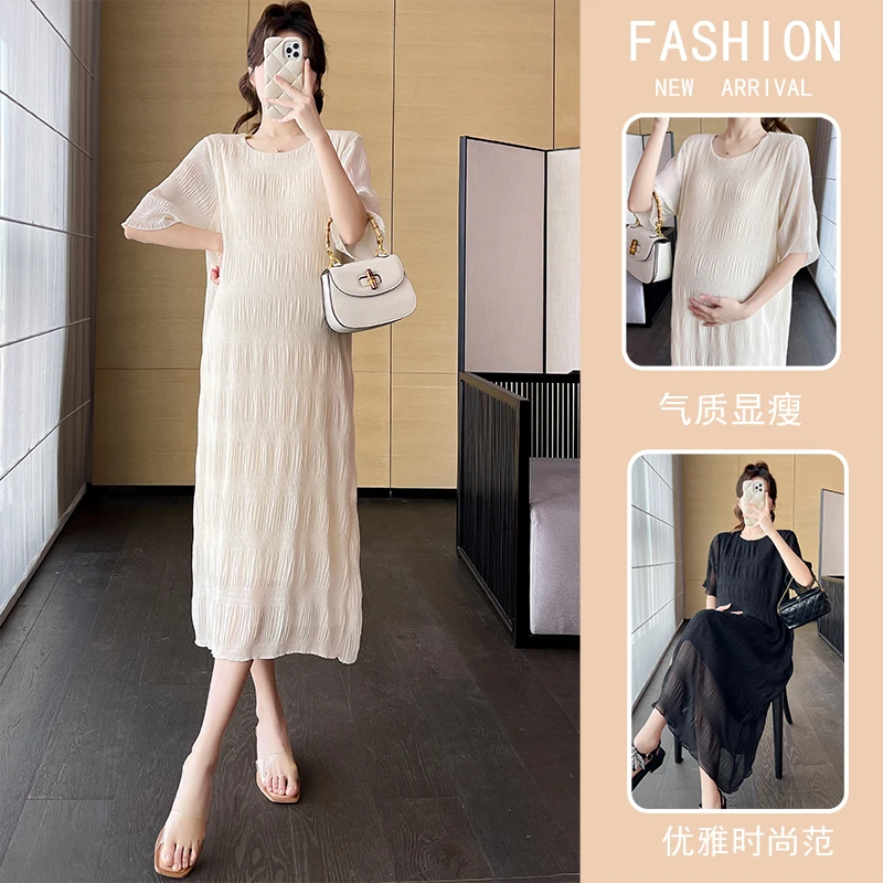 8592# 2024 Summer New Fashion Chic Ins Maternity Long Dress Sweet Soft Loose Straight Clothes For Pregnant Women Pregnancy