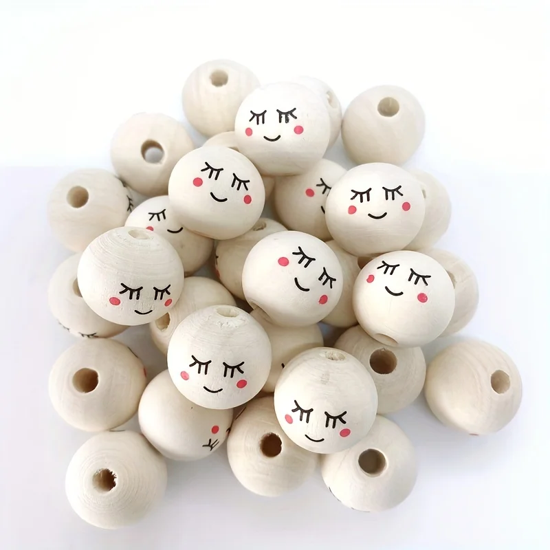 30pcs Round Wooden Beads, smiling Face Wooden Beads Handmade Loose Wood Spacer Beads Printed Undyed Ball Wooden Beads with Holes