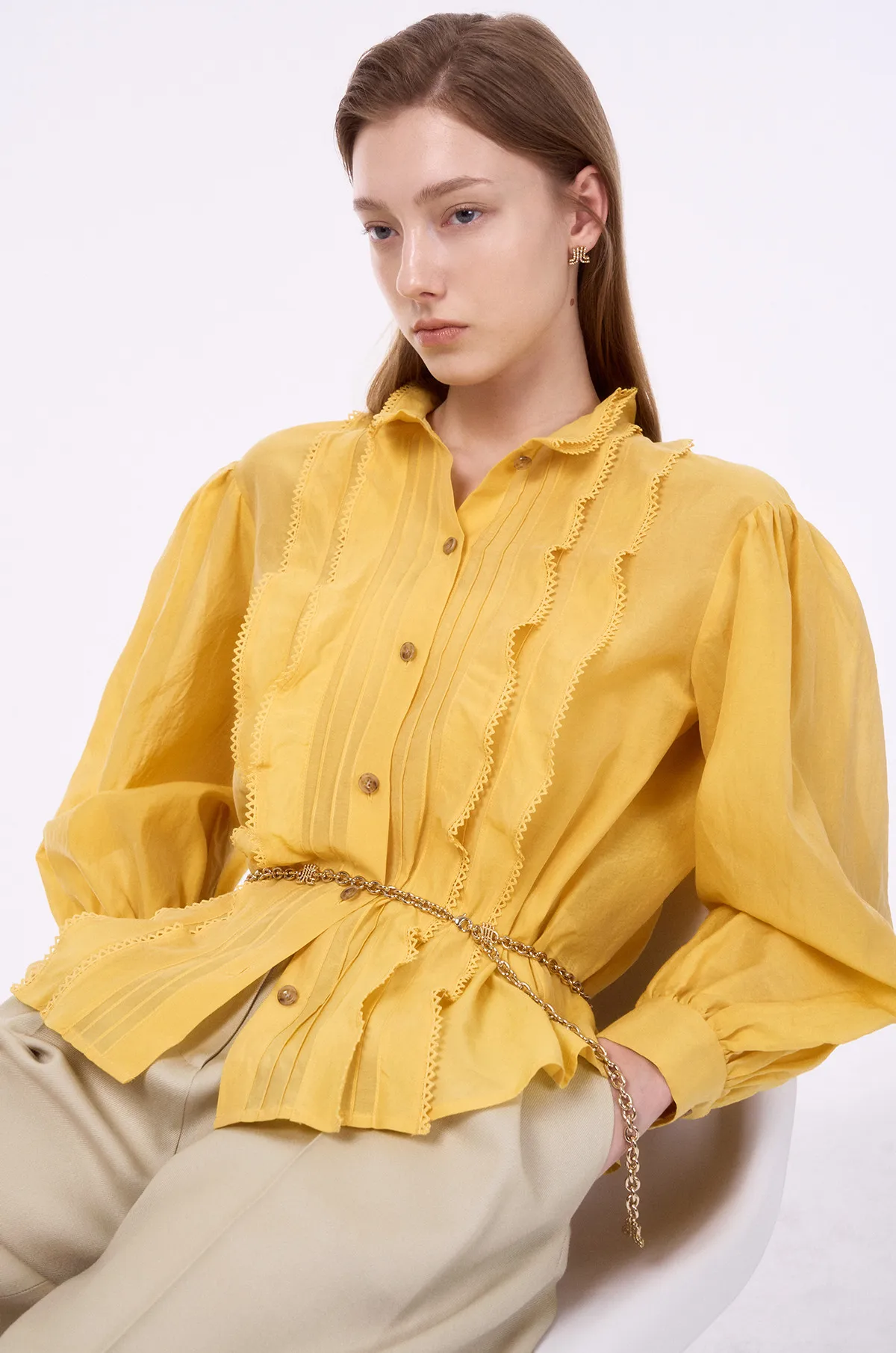 

Elegant Korean Style Long Sleeve Loose Fit Shirt Women's Button up Top Fashionable Casual Breathable Polyester Cotton Blend