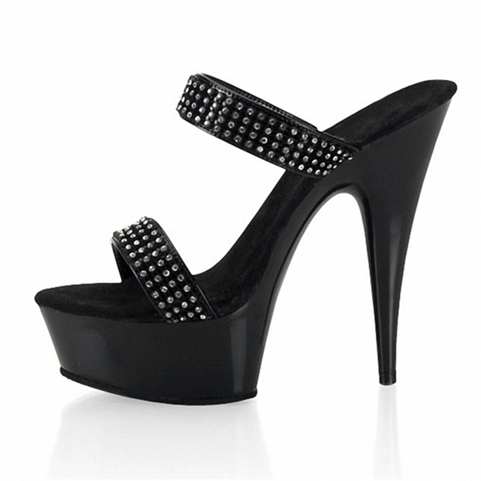 ​15CM Platform Slide Sandals Black, Fully Rhinestone Strap Mules with Chunky Sole, Extreme Height Party Shoes​