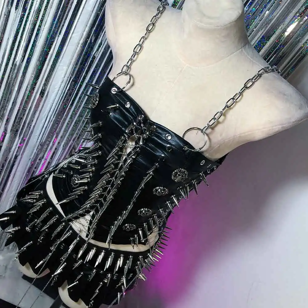 

Готические топы из веганской кожи в стиле Y2K для E-Girls, кавайная уличная одежда для подростков, Харадзюку, экологичные, ручной работы, в стиле 90-х, панк-рок, с заклепками, DIY, гранж