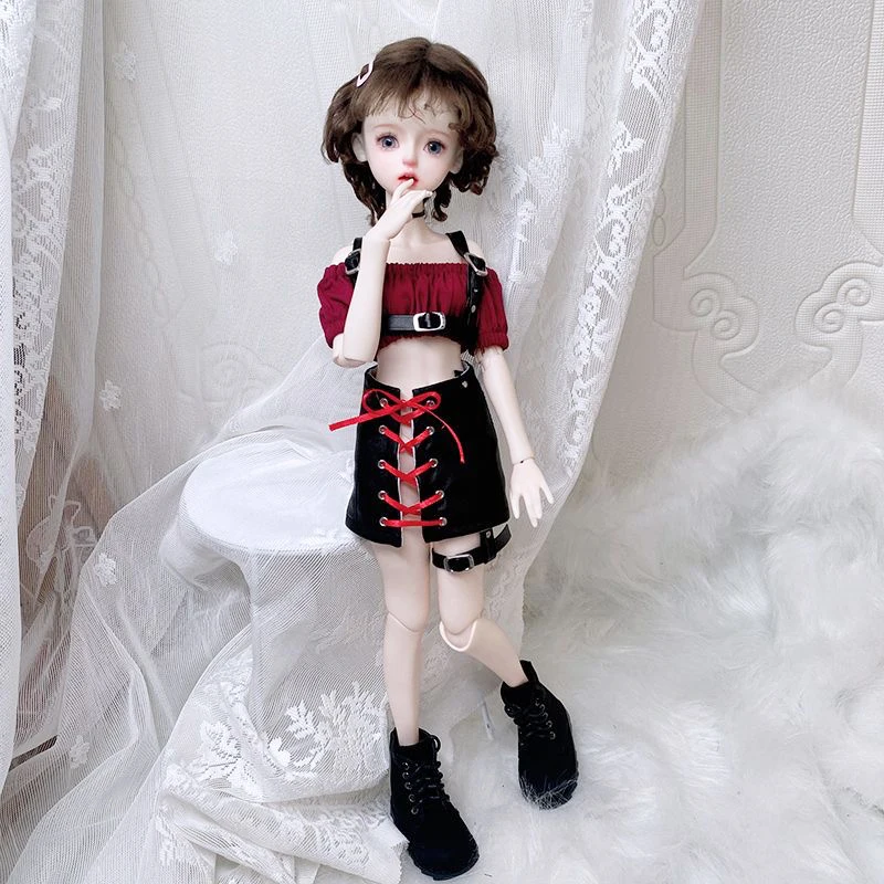 1/3 1/4 BJD poppenkleertjes, sexy top lederen rok set jurk, mode speelgoed kledingstuk