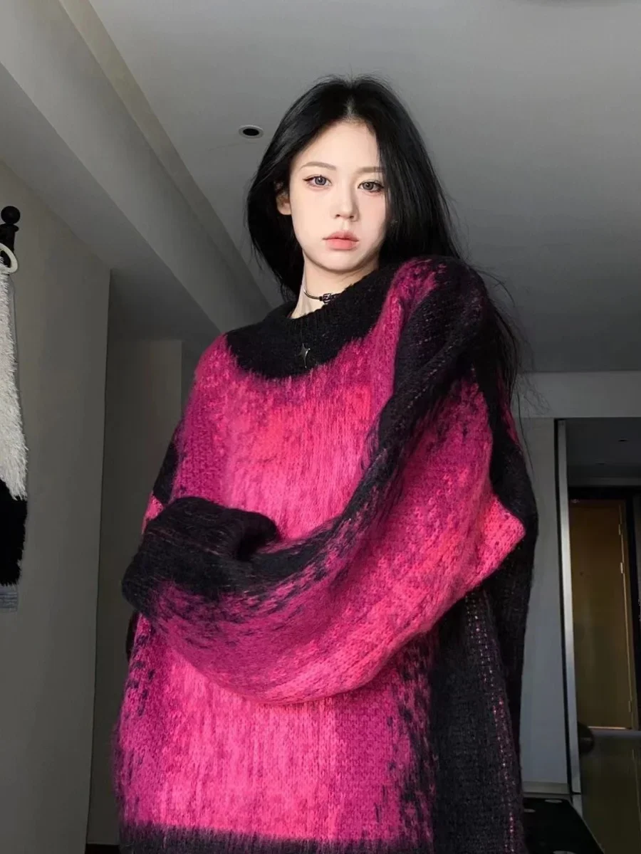 Women Pueple Gothic Mohair Pullover Knitted Sweater Harajuku Y2k Long Sleeves Sweater Jumper Vintage 2000s Aesthetic Clothes