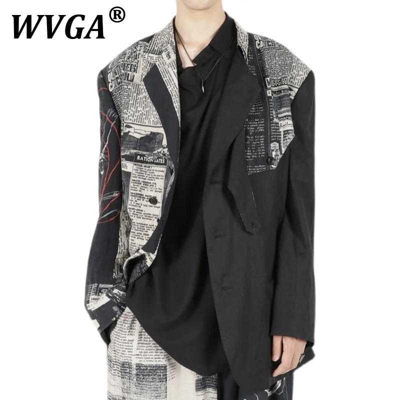 

WVGA Suit Coats Spring Autumn New Man Tide Darkwear Newspaper Chic Casual Printed Niche Trendy Long Sleeve Blazer Ins Y2K W11053