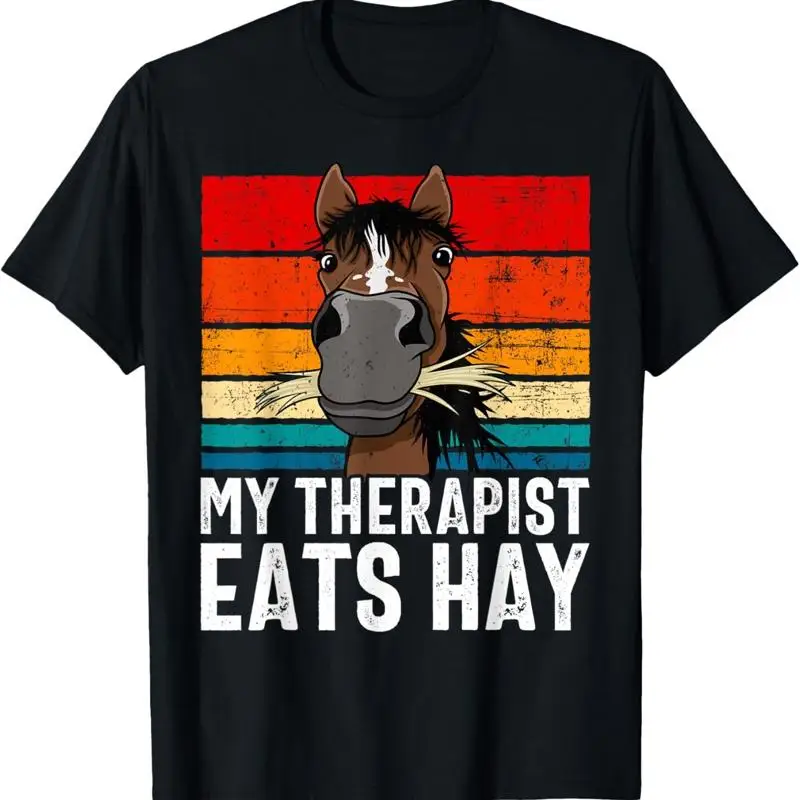 Camiseta divertida para amantes de los caballos, ecuestres y terapeutas, con diseño de persona que come heno