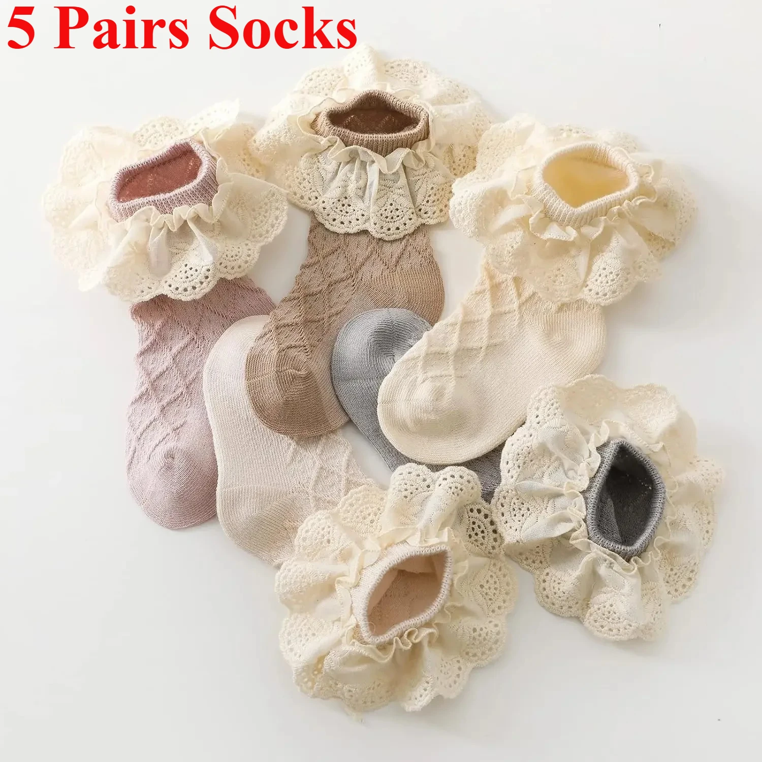 

5 PAirs Colorful Childhood Baby Grils Ruffle Lace Socks Toddler Vintage Ribbed Princess Frilly Dress Short Socks Christmas gift