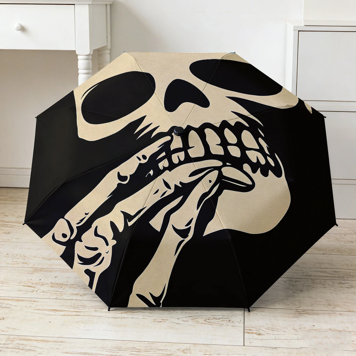 Exquisite Skeleton Moon Cat Printed Pattern Travel Folding Umbrella, Portable Automatic Folding Umbrella