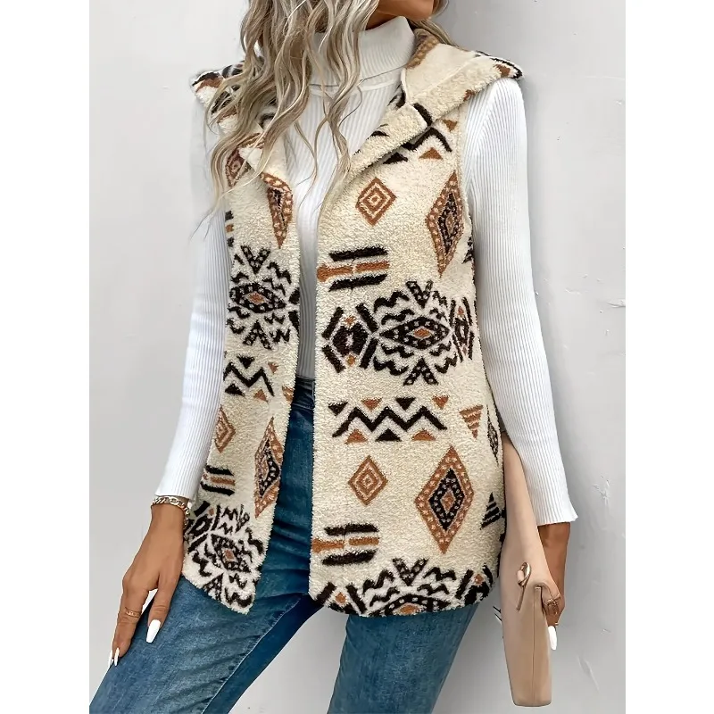 2025 Double-sided Printed Brushed Hooded Vest Buttonless Casual Women