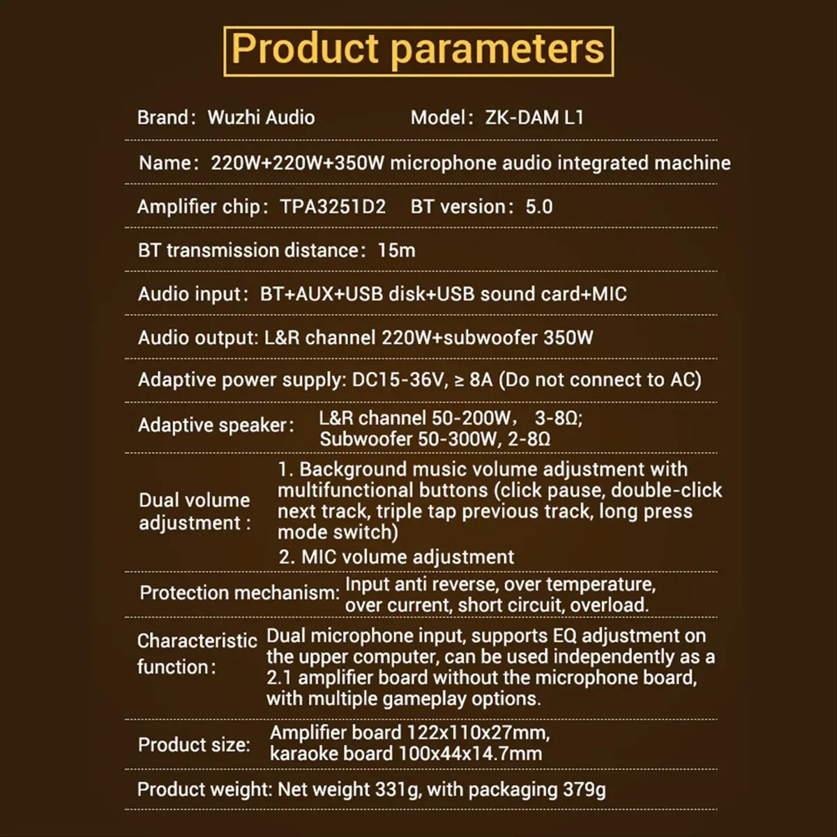 FSLH -DAM L1 Placa amplificadora de potência Bluetooth estéreo 2X220W e 350W Bluetooth 5.0 Módulo amplificador de áudio de potência digital A