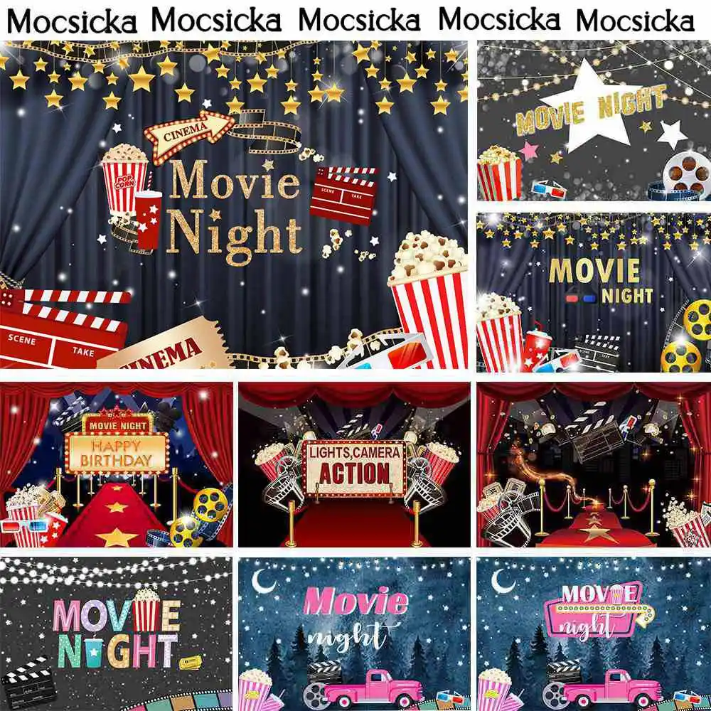 

Movie Night Party Backdrop for Photo Studio Red Carpet Gold Star Popcorn Adult Birthday Party Poster Photo Background Photocall