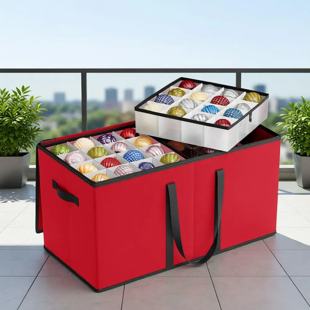 

Ornament Storage Box, Dual Zippers, Stackable Christmas Storage Container with Lid, 8 Trays, 600D, 3-Inch, 128 Slots, Cherry Red