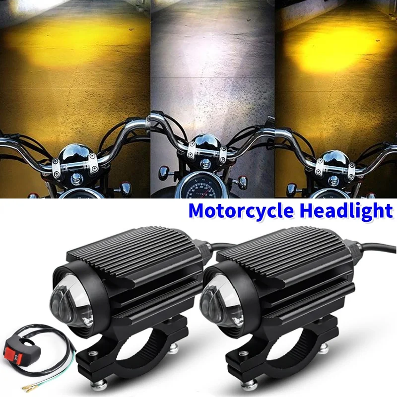 9-85V Motorcycle LED Spot Lights Headlights with Switch Dual Color LED Additional Fog Lamp for Motor Bike