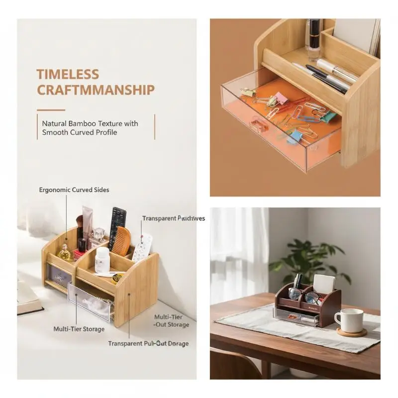 Natural Bamboo Multi-Compartment Organizer Solid Structure Storage Box for Bathroom Counter Skincare Makeup Accessories