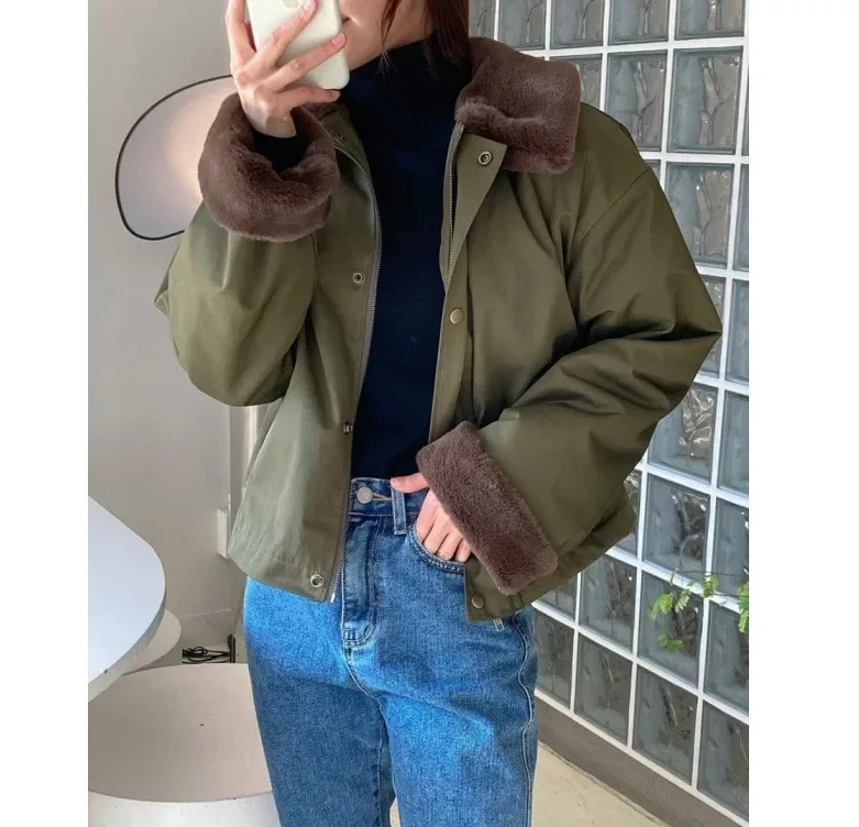 

Теплая плюшевая куртка, пальто в корейском стиле, зимний воротник, обновленный размер, женская хлопковая одежда, модная верхняя одежда