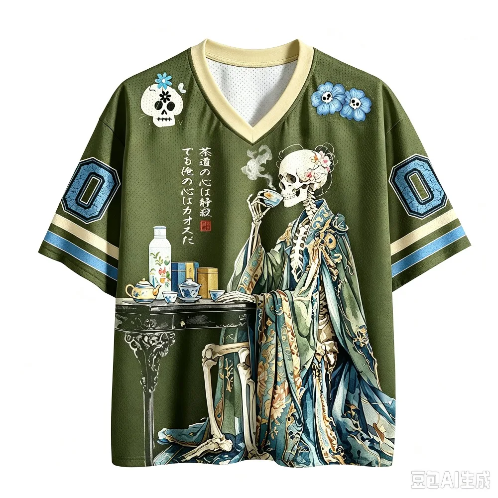 Japanese-style Retro Skull Tea-drinking 3D Print Sports Quick-dry Men Women Vneck Loose Tshirt Fashionable Street Parental Cloth