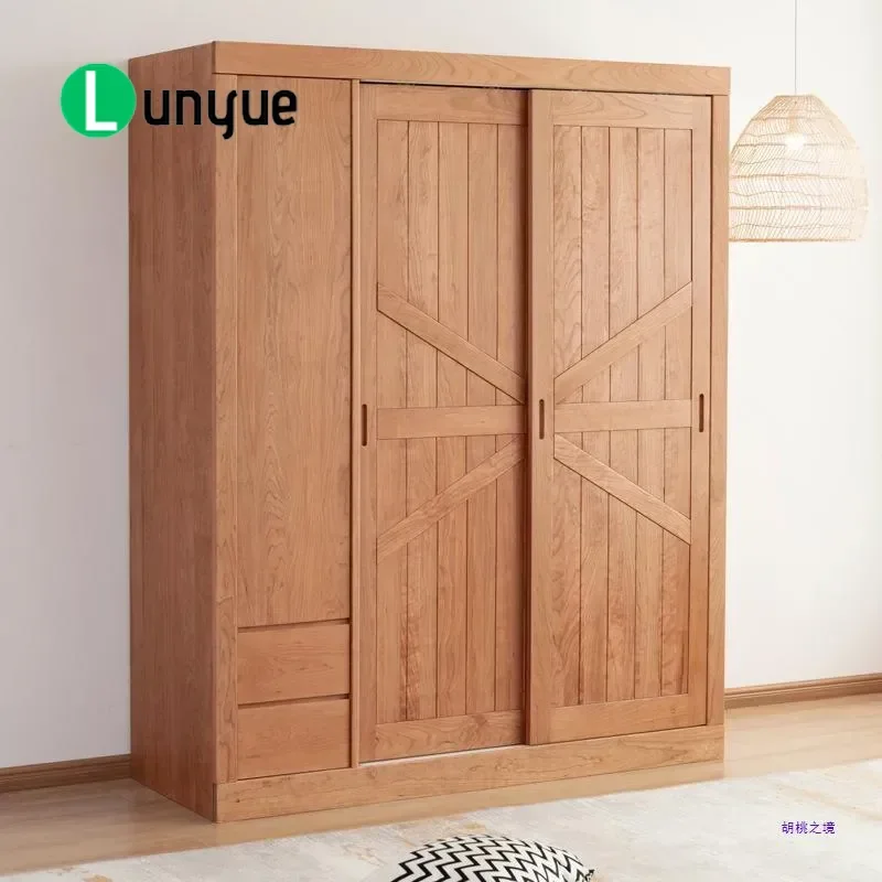 Japanese Style Cherry Wood White Oak Black Walnut Solid Wood Sliding Door Wardrobe Large Capacity Storage Cabinet for Bedroom