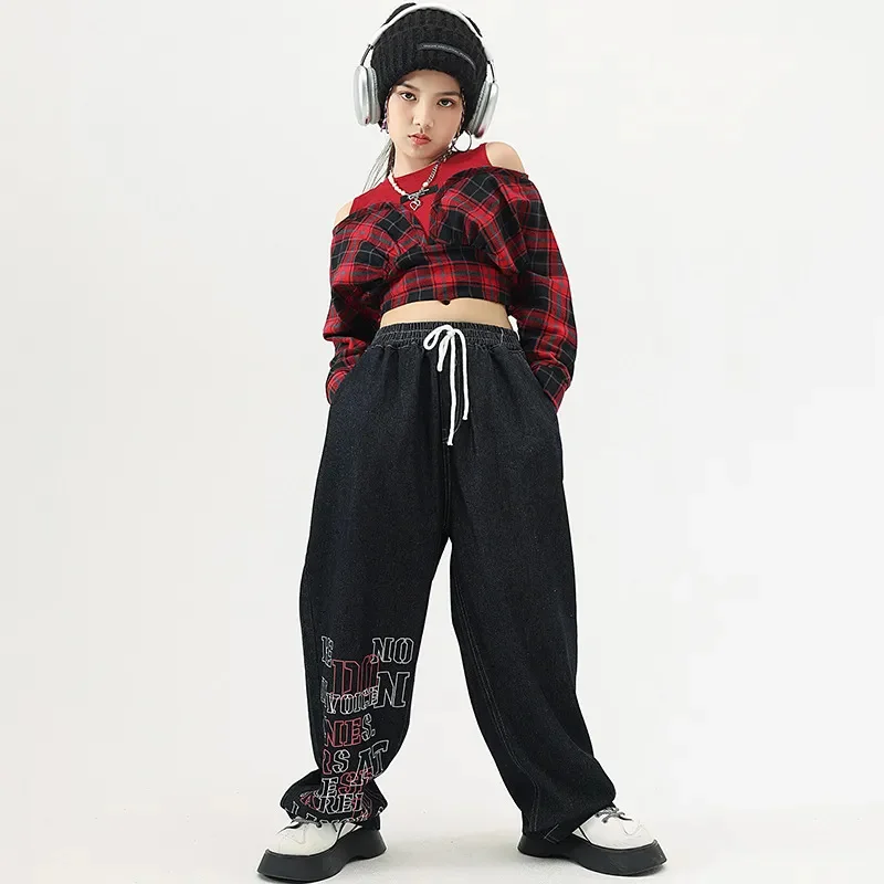 Hip Hop Jazz Dance Outfits for Girls Long Sleeve Korean Red Plaid Crop Top Jeans Set Kids Fashion Streetwear Stage Show Costumes