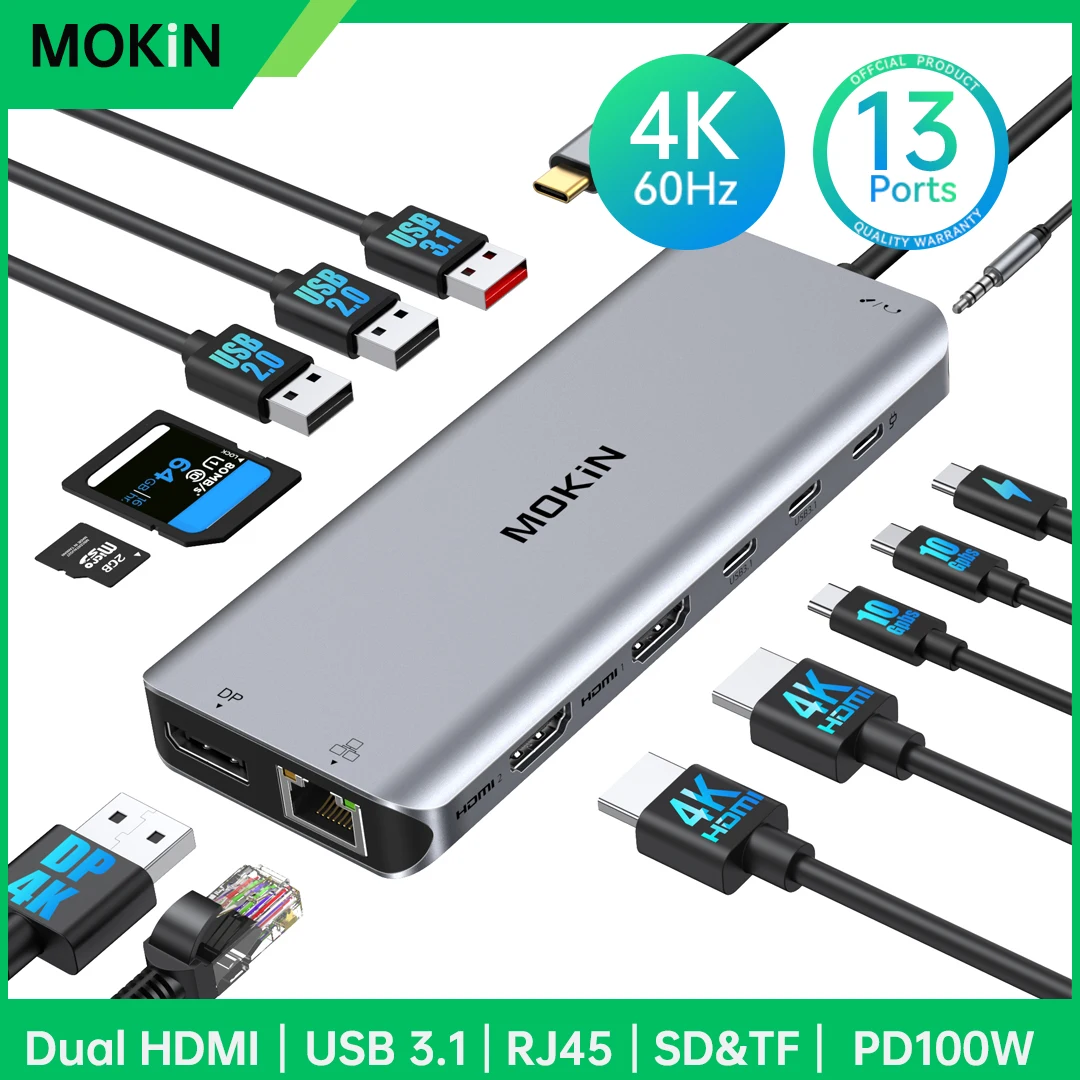 

MOKiN USB C HUB 4K60Hz Type C to HDMI 4K DP 3 USB 3.1 Gigabit Ethernet PD100W Docking Station for MacBook Pro Air M2 M1 usb hub