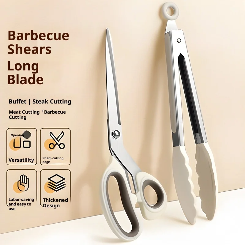 

Korean Style Stainless Steel BBQ Scissors And Food Tongs Set for Steak And Bread Home Use Kitchen Tool