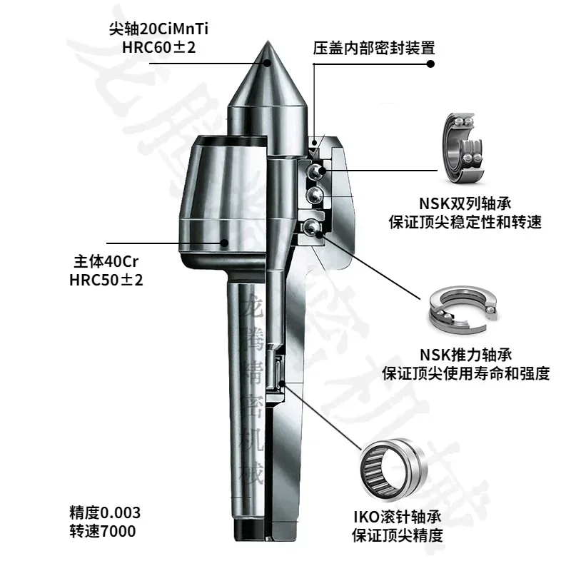 High Precision Live Center Moshe 3456, CNC Lathe Tailstock Movable Ejector Pin with Imported Shockproof Bearing