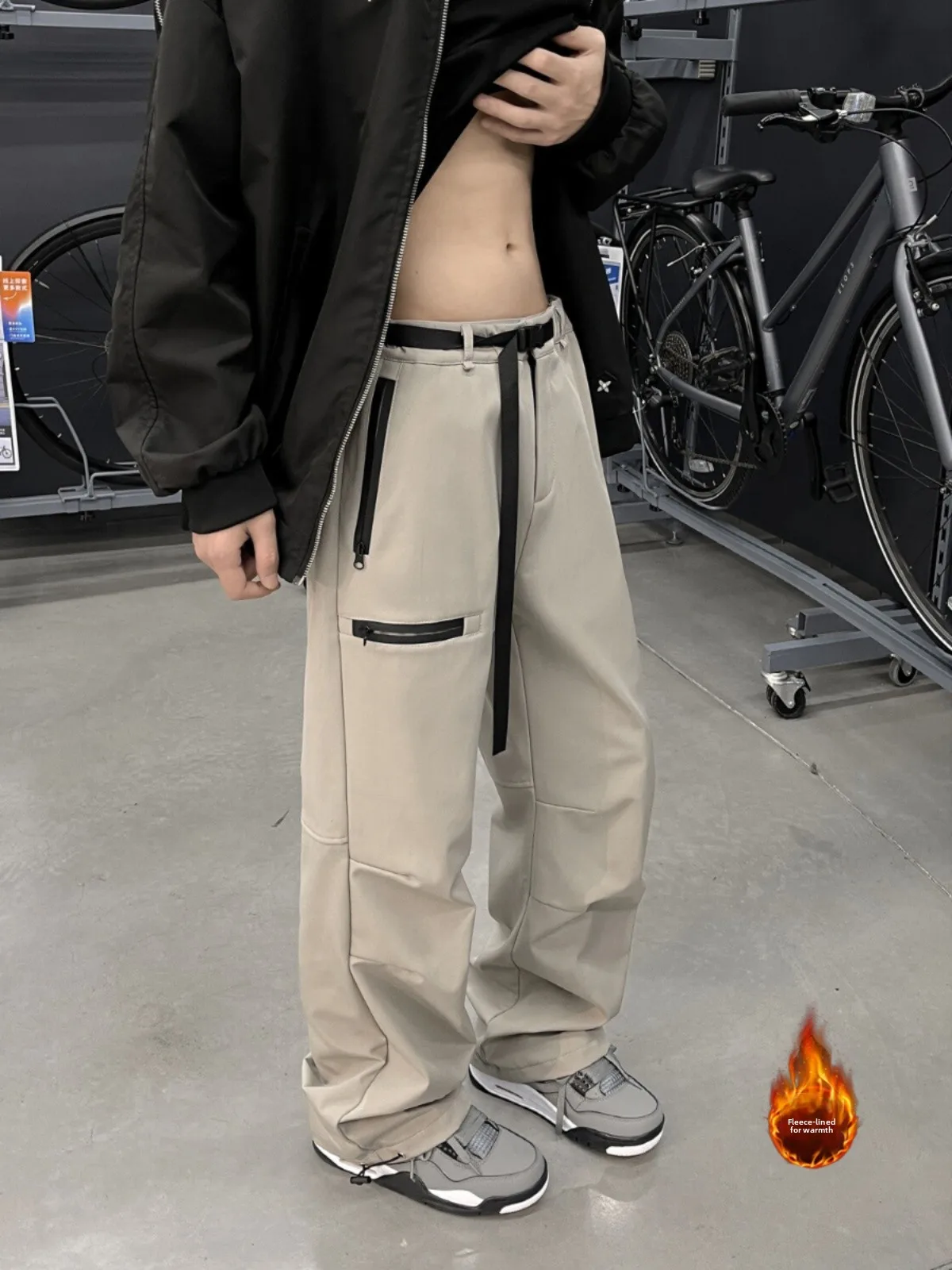 

GTLA Paris Grey Men's Autumn Winter Fleece Lined Waterproof Windproof Outdoor Climbing Workwear Trousers Casual Loose Fit