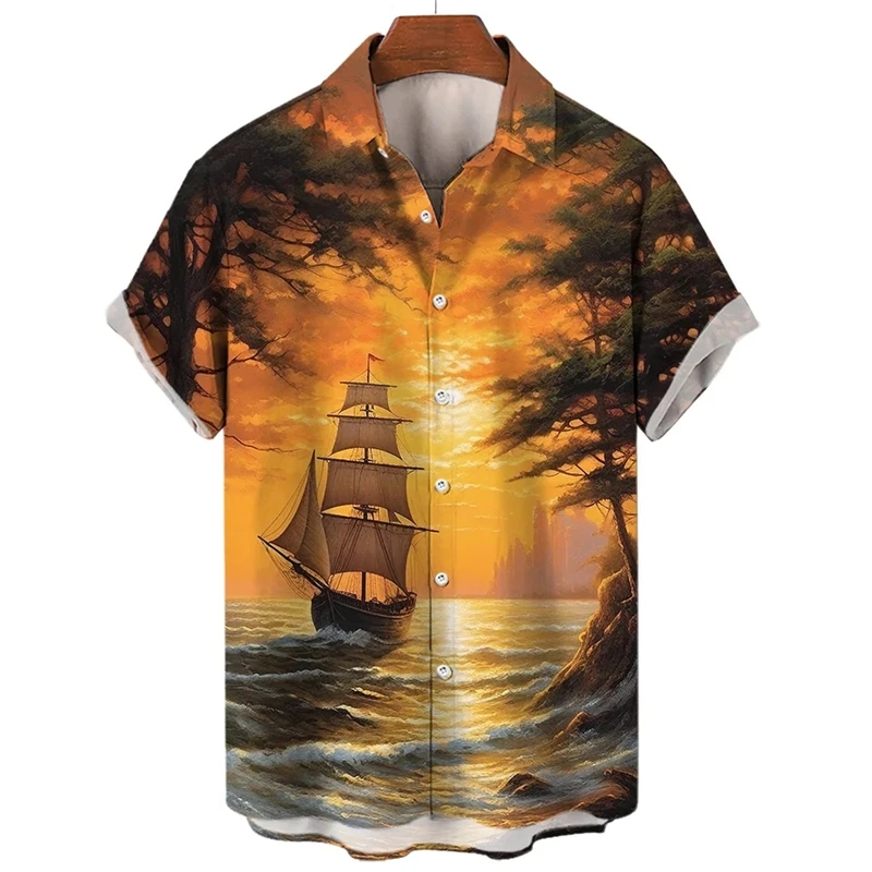 Camicie grafiche per barche a vela hawaiane al tramonto per uomo abbigliamento Vintage Compass Sailor camicette stampate in 3D bottone per le vacanze Casual Y2k Top