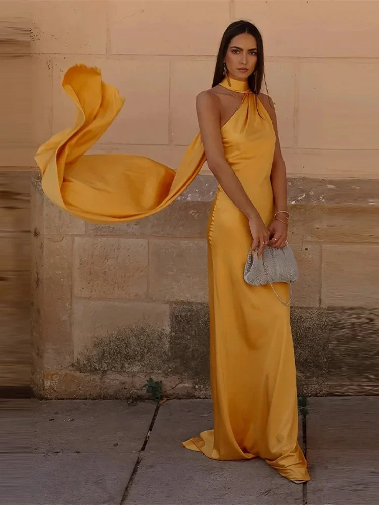 Robe longue en satin jaune dos nu avec écharpe pour femme, robe de soirée sexy, robe mince, robe de soirée pour femme, été, nouveau, 2024