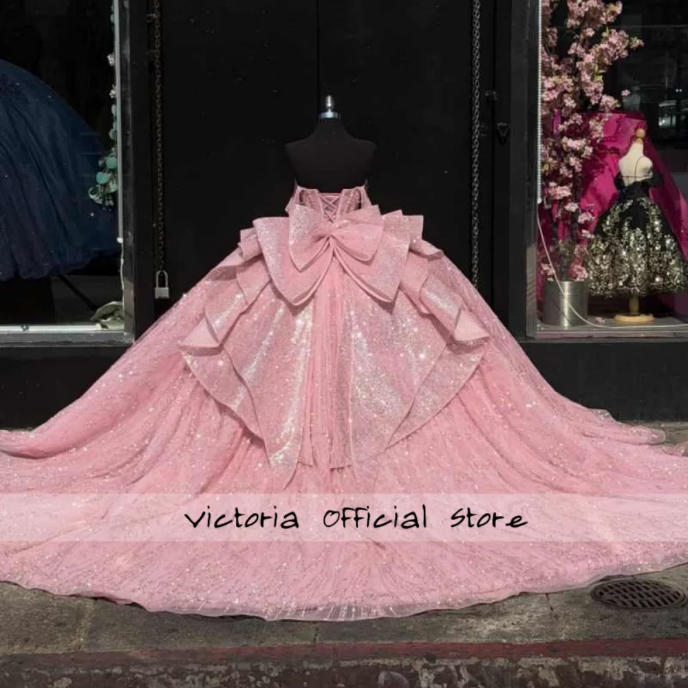 Pink Princess Quinceanera Dresses for Women Bow Sweetheart Glitter Mexican Tulle Vestido de 15 Quinceañeras Prom Gown Customized