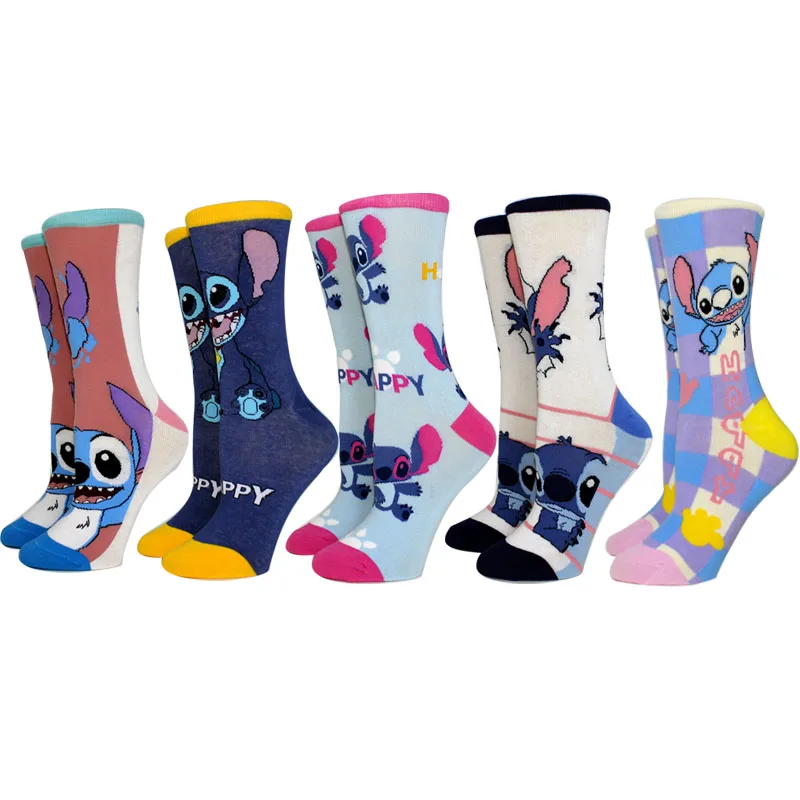 5 Pairs Cartoon Women socks cotton comfortable Stitch Anime socks crew socks Casual happy funny socks Size 35-40